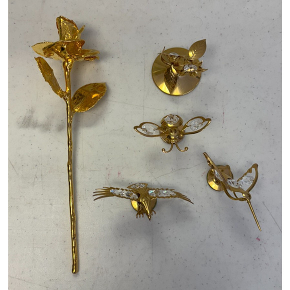 Vtg 24k Gold Plated Austrian Crystal Bird Rose Flower Butterfly Figure Set of 4 - Picture 2 of 7